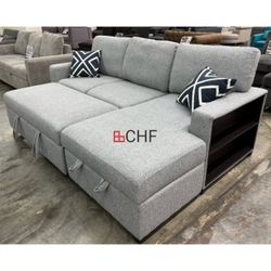 Sleeper Sectional Sofa With Storage Chaise And Pull Out Bed With Cupholders