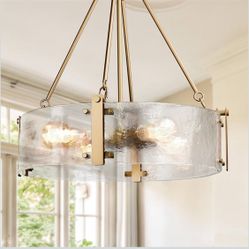 Modern Textured Glass Chandelier, Gold Dining Room Chandelier, Elegant Farmhouse-Style Drum Crystal Fixture, Round Lighting for Living Room, Foyer, or