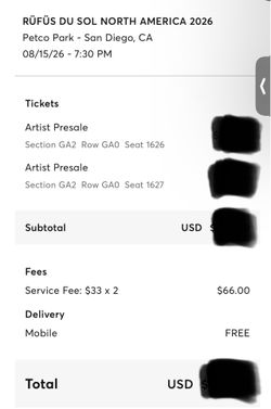 2 Floor tickets  @ RUFUS DU SOL