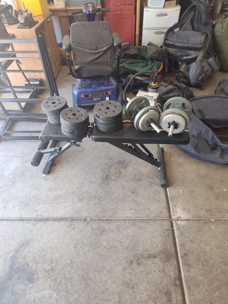 Weight Bench Plus 120lbs In Weights and 2 Dumbbells