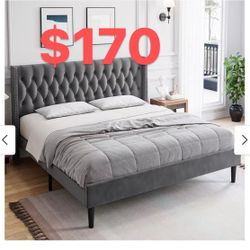 King Size Bed Frame, Modern Velvet Upholstered Platform Bed Frame with Button Tufted Headboard $ 170