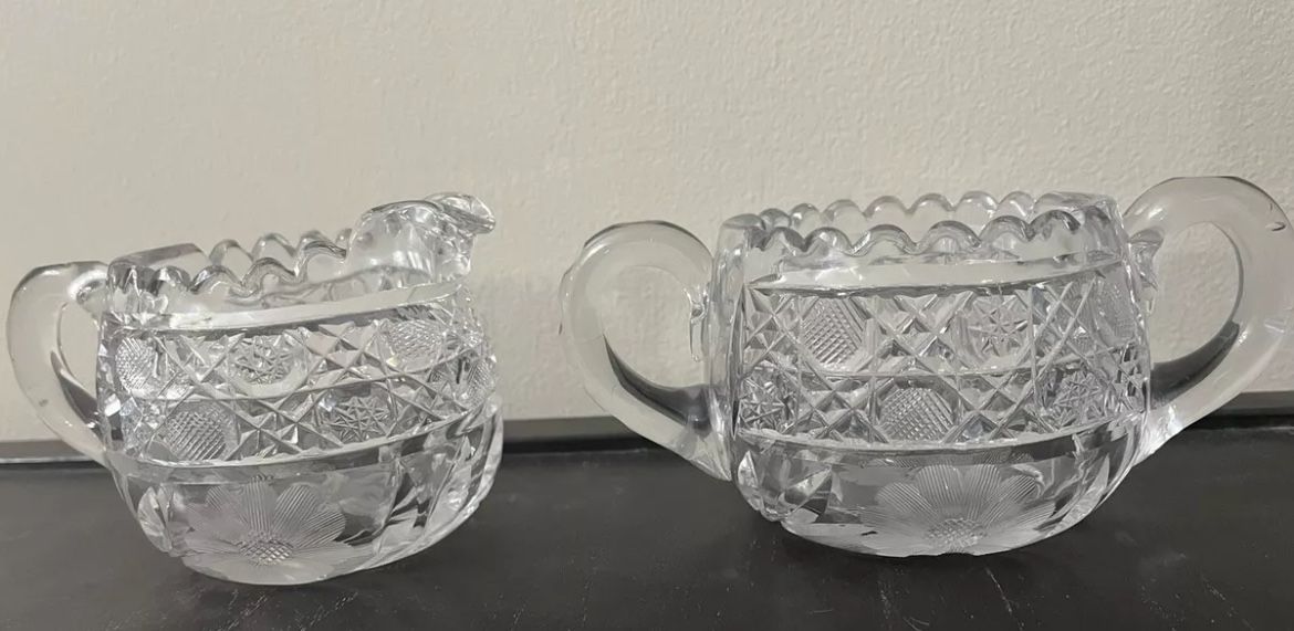 Cream & Sugar Set Massive Cut Glass Floral Snowflake Vintage
