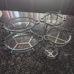 Set Of Five Baking Serving Glass Bowl Dish Metal Holder With Handles