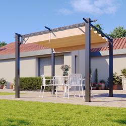 Aoxun 10'x10' Outdoor Pergola, Heavy Duty Metal Frame Patio Pergola with Adjustable Retractable Sun Shade Canopy, Modern Backyard Pergola for Garden,