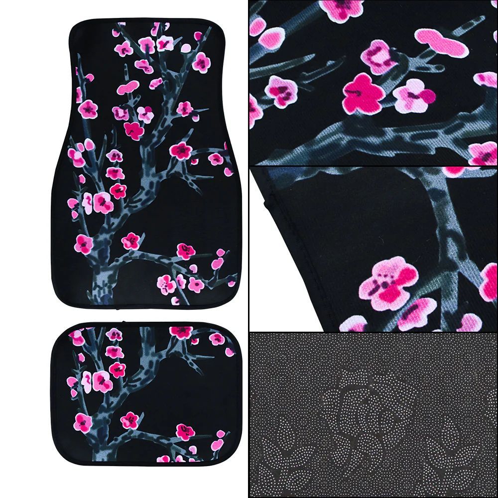Brand New Universal 4PCS SAKURA FLOWER Racing Black Fabric Car Floor Mats Interior Carpets