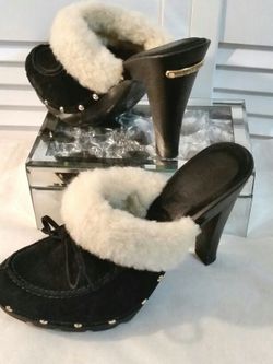 Michael Kors Black Suede Fur Mules Heels Sz 6.5