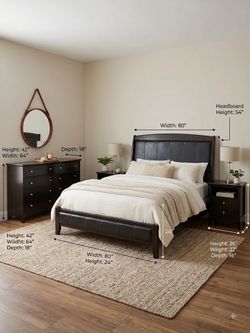 Modern Espresso Black Bedroom Set with Faux-Leather Headboard & 8-Drawer Dresser