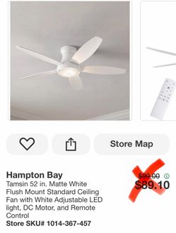 Hampton Bay Tamsin 52 in. Matte White Flush Mount Standard Ceiling Fan with White Adjustable LED light, DC Motor, and Remote Control