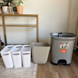 Hefty Trash Can and 4 Plastic Bins