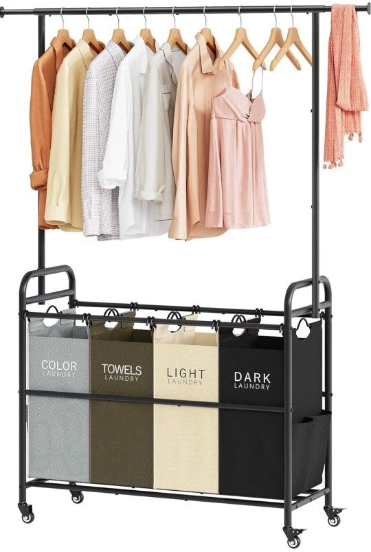 Laundry Sorter Cart with Hanging Clothes Rack, 4 Butler Sorter Basket Organizer, Laundry Hamper Cart with Heavy Duty Rolling Lockable Wheels, 4 Colors