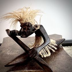 African hand crafted wood art sculpture vintage canoe rider; H5.5xW7.5xD9 inch Lbs 0.32 Collectible African wood art  (Ghana or Kenya) Check our listi