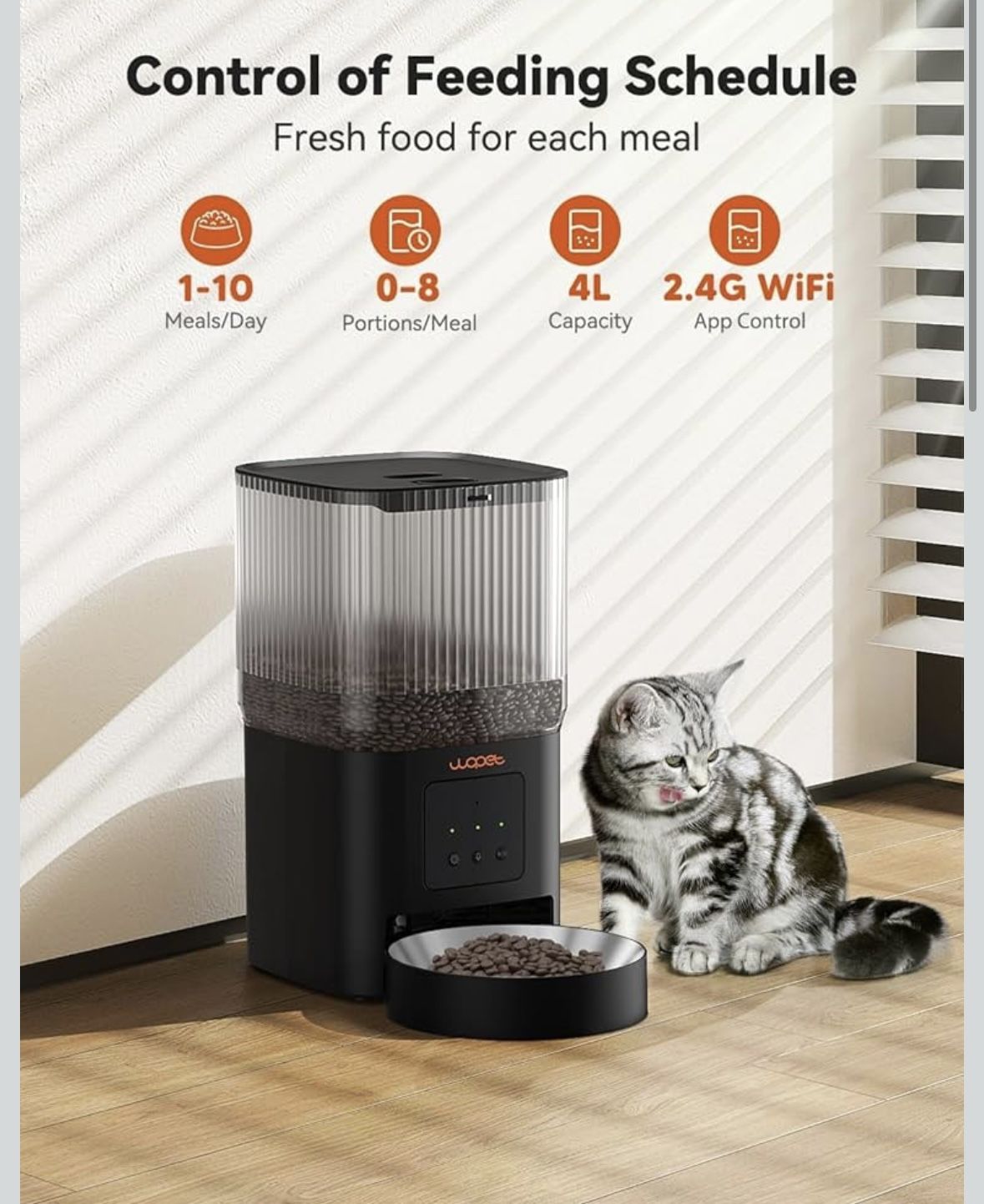 WOPET Automatic Cat Feeder, WiFi Automatic Dog Feeder with APP Control for Slow Feeding, Cat Food Dispenser with 10S Voice Record, Up to 10 Meals Per