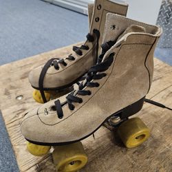 Old School  vintage quad roller skates...tan suede boots with black laces and yellow wheels
