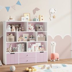 Kids Pink Toy Storage Cabinet Bookcase Organizer with Drawers