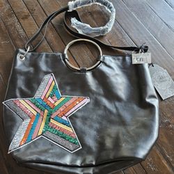 NWT T-Shirt & Jeans Ring Tote Black Hand Shoulder Bag Purse, Colored Sequin Star