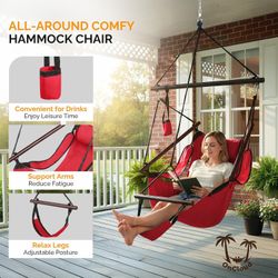 Hammock Chair Hanging Swing Seat with Pillow & Drink Holder – Red