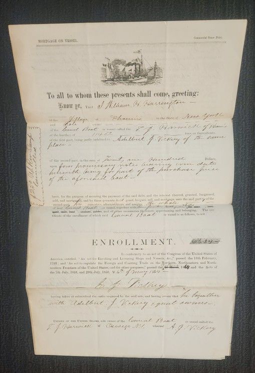 1864 Canal Boat T.J Harwick Of Phoenix Purchase Agreement (See Ad)