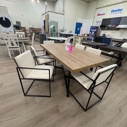 7pc solid light oak wood dining table with black metal base