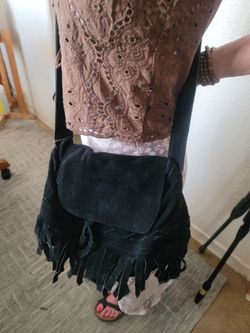 Vintage Black suede Fringe Shoulder Bag
