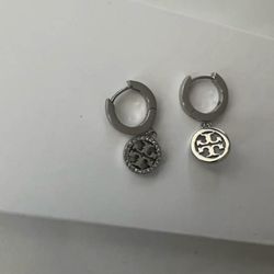 Tory Burch Silver Hoop Earrings with Puzzle Charm