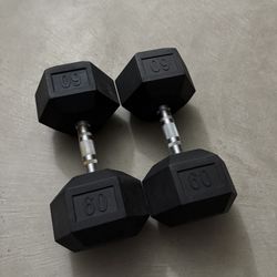 60 LB Rubber Hex Dumbbells