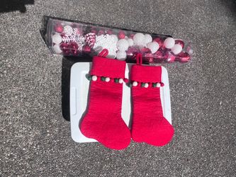 Red Felt Christmas Stockings and Decorations Balls