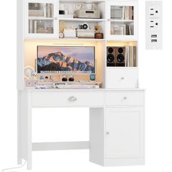 Computer Desk with Hutch and RGB Lights, 65" Office Desk with Power Outlet, Makeup Vanity with 3 Doors & 3 Drawers, White Executive Desks for Home