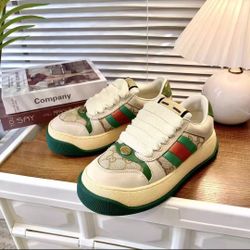 GUCI Screener Chubby Dirty Shoes Leather Comfortable Low Top Board Shoes Men's Green Brand New In Box