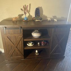 Console Entryway Table with Shelves and Sliding Doors with X design. Dark Rustic Brown “Wood”.