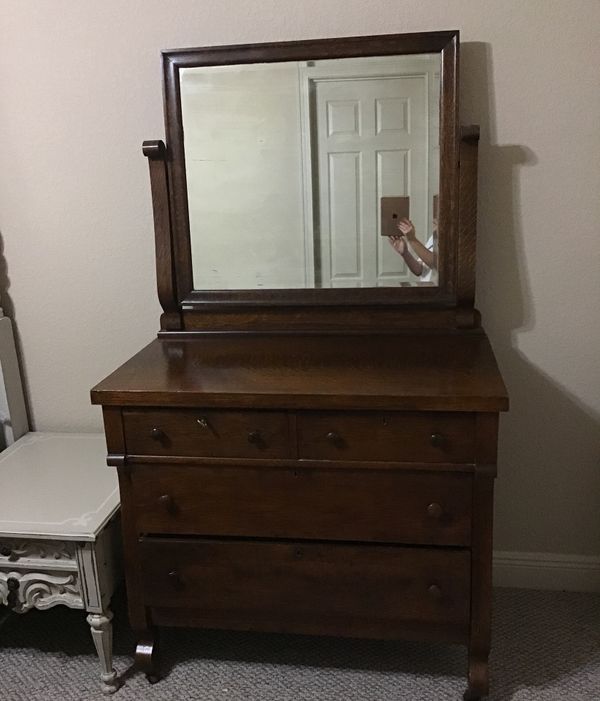 Antique Tiger Wood Dresser With Original Beveled Glass For Sale In