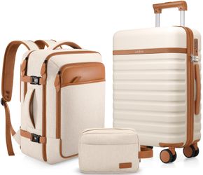 Beige 3pc Hardshell Luggage Set with 20 Carry-On  18 Backpack