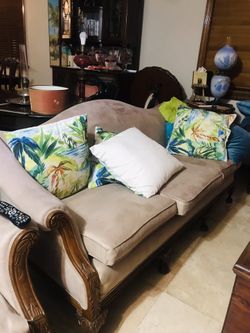Antique, beige, upholstered, couch, armchair, ottoman