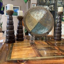 3 candle Holders And Decorative Plate