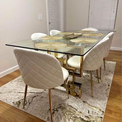 Glass Table,gold And White , 6chairs 