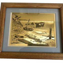 VTG Foil Etching Print,Rocky Point By Lionel Barrymore, Wood Framed, Boats