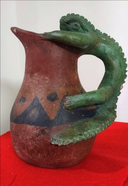 Folk Art Handcrafted Terracotta Pitcher with Lizard / Iguana Handle (9.5 inches)