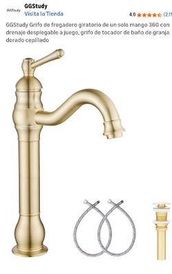 GGStudy 360 Swivel Single-Handle One Hole Vessel Sink Faucet with Matching Pop Up Drain - Brushed Gold Farmhouse Bathroom Vanity Faucet