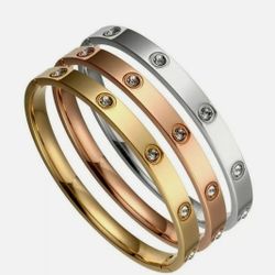 Stainless Steel Gold Plated Bangle Bracelet With Cubic Zirconia