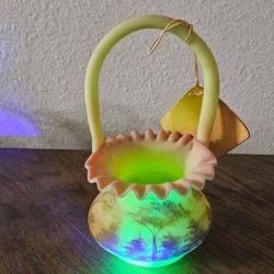 Fenton Burmese Glass Basket ~ Hand Painted Vintage Fenton Art Glass ~ Painted Trees Crimped Edges 7 X6"  