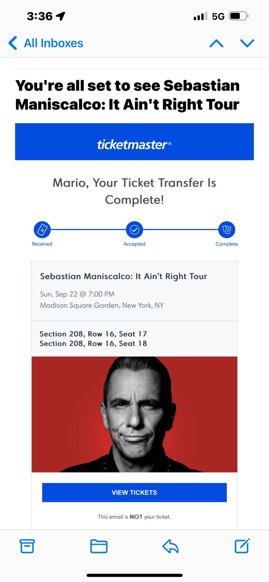 Sebastian Maniscalco Tickets- Tomorrow Sunday at MSG
