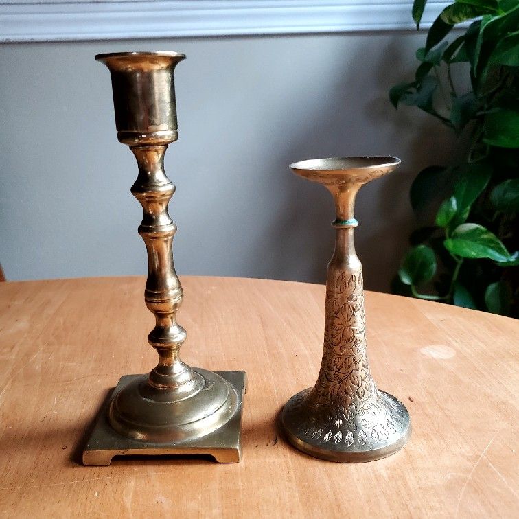 Two Brass Candle Holders With Patina