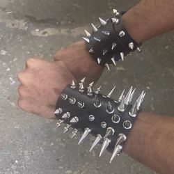 6 PCs Gothic Faux leather Spike Bracelets - Wristbands For Punk Gothic  - Black faux Leather bracelet with silver studs Jewelry Antique Vintage Trendy