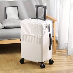 New White 24” luggage suitcase, front laptop compartment, drink holder, usb charging port, side hook