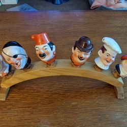 Vintage German Porcelain Bottle Pourers with Wood Display