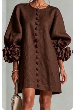 Brown Lined Linen Dress with Pockets XXL