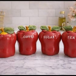 🍎 Vintage Apple Ceramic Kitchen Canister Set – Coffee, Sugar, Tea, Napkins