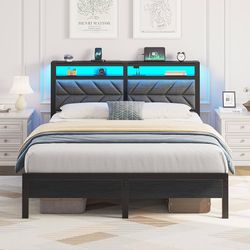 Full Size with Charging Station, LED Bed with Upholstered Storage Headboard, Metal Platform Bed with Under Bed Storage, No Box Spring Needed, Noise Fr