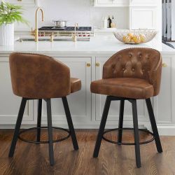 26 in.Brown Faux Leather Upholstered Swivel Bar Stool with Metal Frame Nailhead Counter Barstool Set of 2