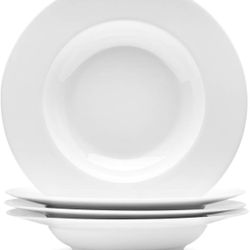 10 Ounce Pasta Bowls Set of 4, Elegant White Soup Bowls, Wide Rim Salad Bowl, Premium Porcelain Pasta Plate Bowl, Shallow Soup Plates for Eating, Micr