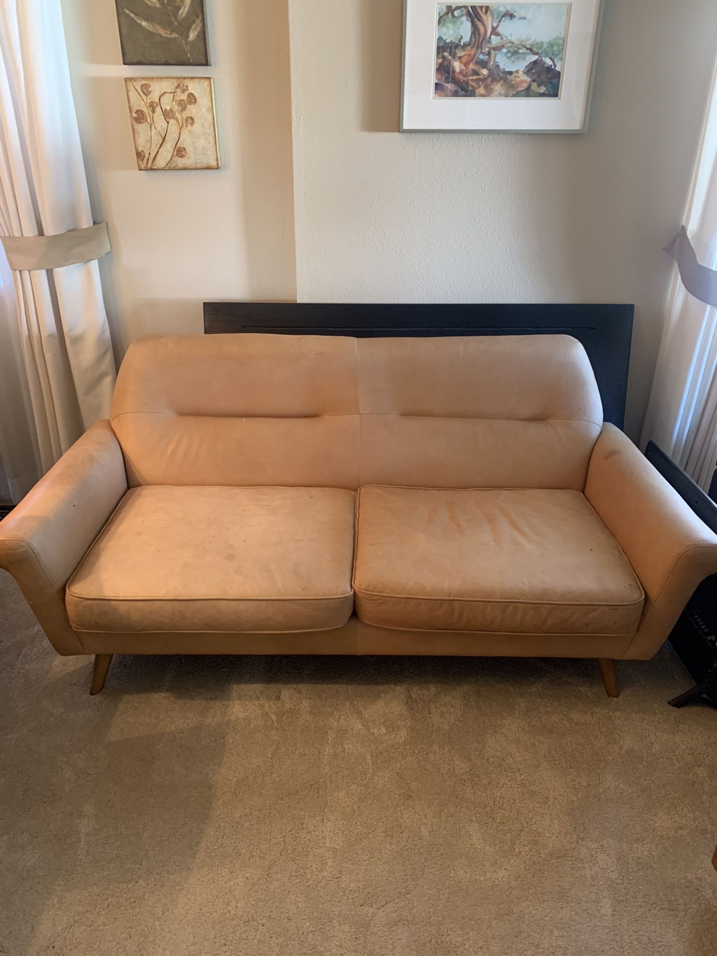 West Elm Leather Tan Loveseat Couch